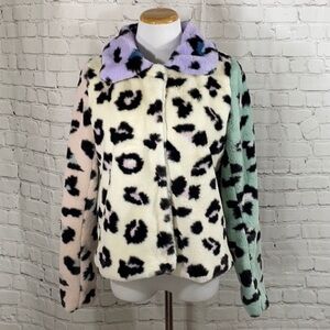Storia Fur Teddy Animal Print Cheetah Leopard Jacket White Purple Green Pink